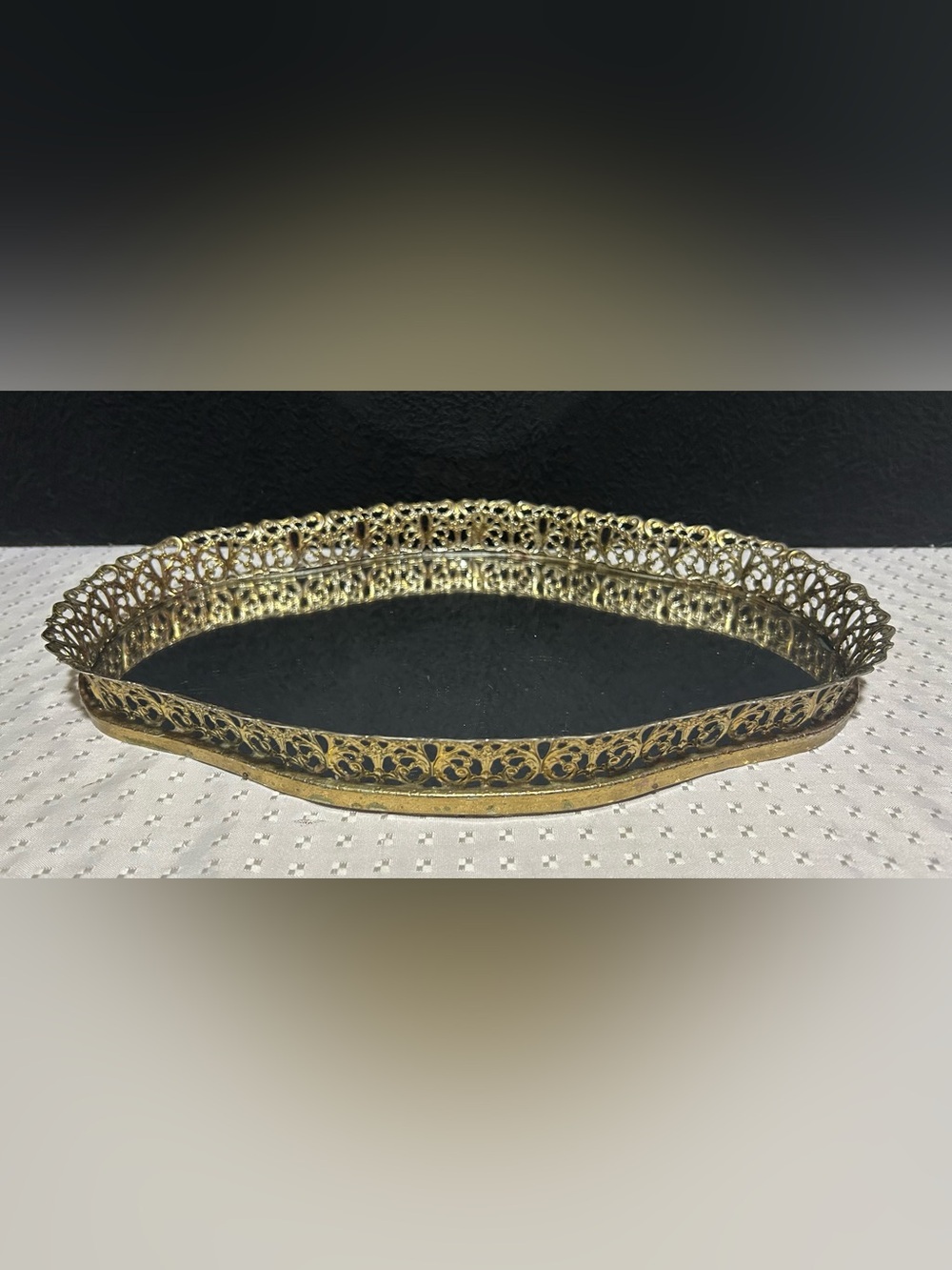 Vintage Oval Ornate Metal Filigree Rim Mirrored Vanity Tray 14"x10"
